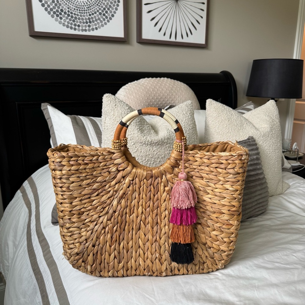 a new day Woven Straw Tote Bag with Tassels